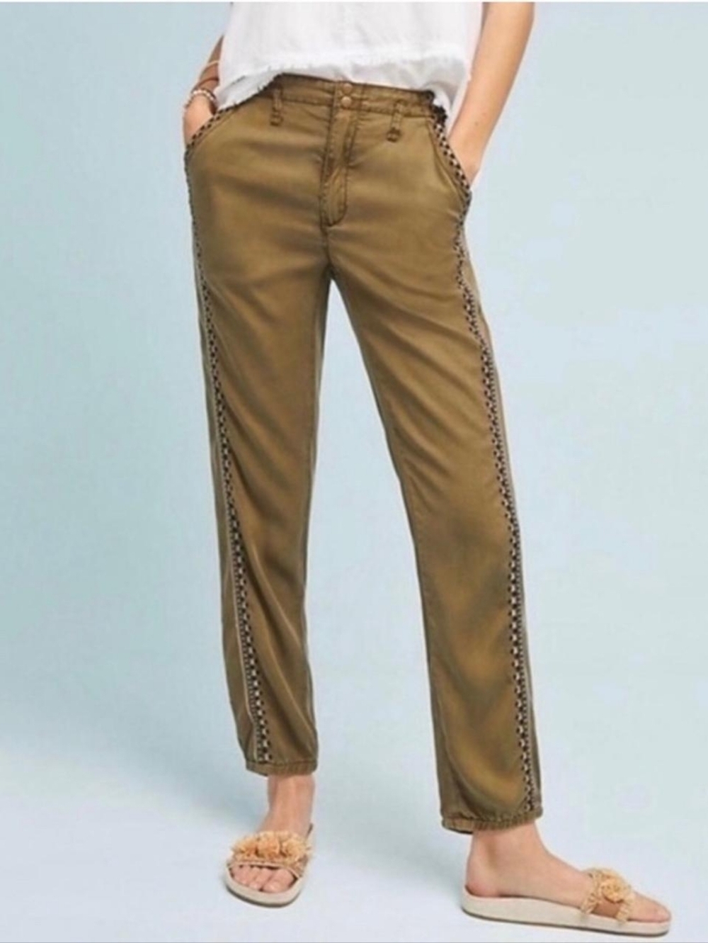 Anthropologie Olive Green Embroidered Joggers, Size Medium